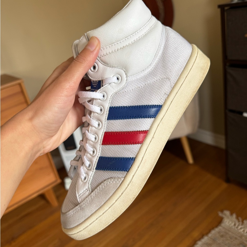 Adidas Americana Hight Top White Sneakers with Red and Blue Stripes